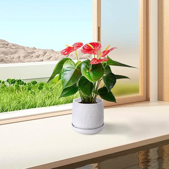 Handmade White Glossy Ceramic Planter Set of 2 6 8 Diameter Leaf Pattern Design for Succulents and Herbs IndoorOutdoor Shelf Table Use Breathable Clay with Saucers