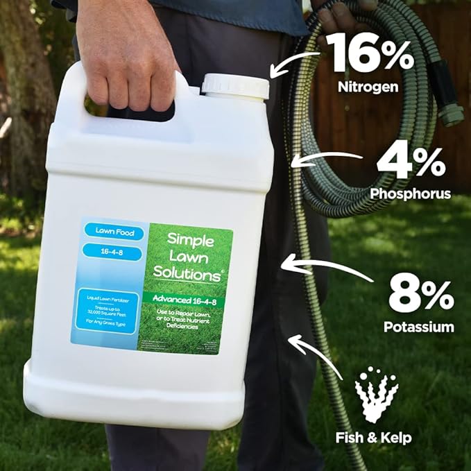 Advanced 16-4-8 Lawn Fertilizer - Liquid Lawn Food Spring &amp Summer Concentrated Spray - Any Grass Type- Fish and Seaweed Kelp- Balanced NPK - Simple Lawn Solutions (2.5 Gallons)
