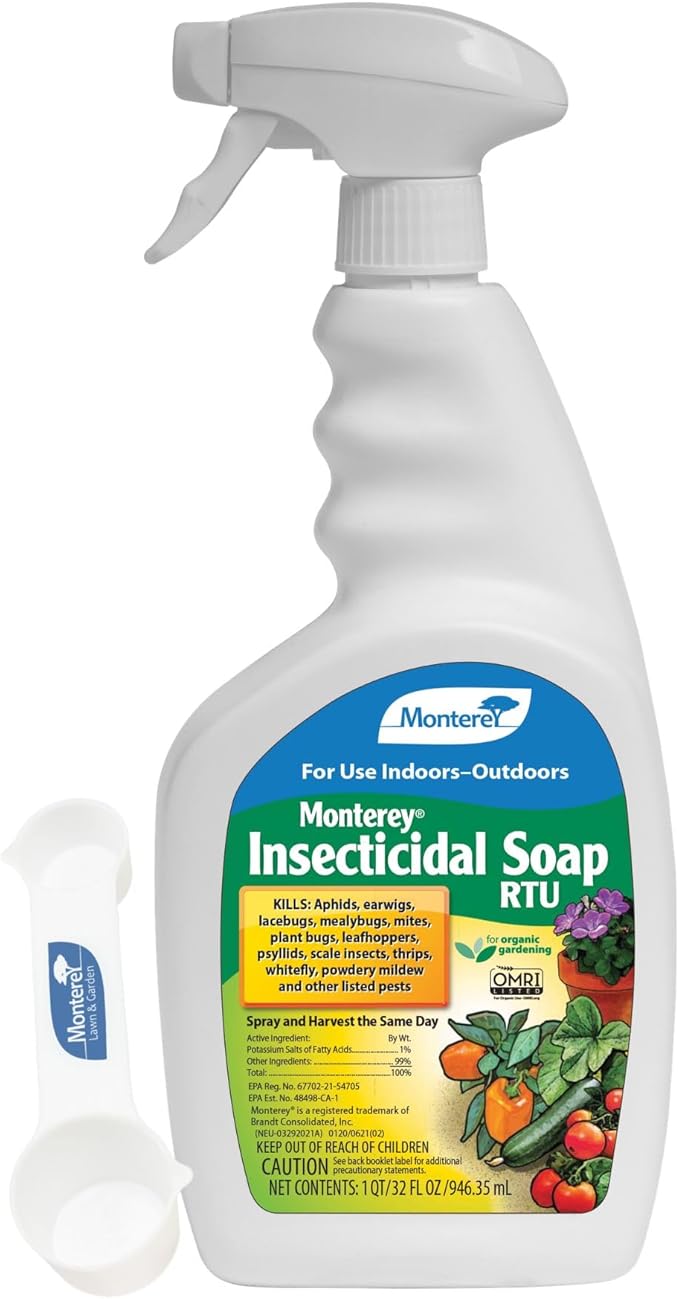Monterey Insecticidal Soap RTU Bundled with Garden Measure Spoon – OMRI Listed Organic Pest Control for Aphids Mites Thrips &amp More – Controls Powdery Mildew - 32 Fluid oz
