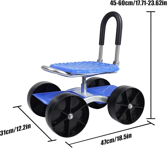 Rolling Garden Seat with Wheels Utility Garden Stool with Flat Wheels Foldable Lazy Seat Stool Picking Rotary Tool Cart with Storage Shelf Adjustable Height Cart Blue