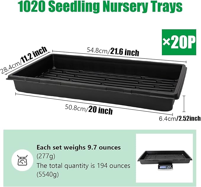 20 Pack 1020 Trays No Drain Holes 20 x 10 Extra Thick Heavy Duty Seed Starting Trays -Reusable Propagation Flats for Microgreens Seedlings Plant Germination Fodder and Transplant