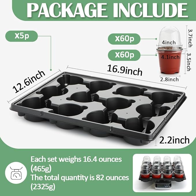 4 Inch 60 Pack Nursery Pots with Humidity Domes &amp 5 Pack 12 Cell Round Seedling Pot Carrying Trays Sturdy Seeds Starter Pot Germination Set Small Planter Nursery Propagation 5 Sets