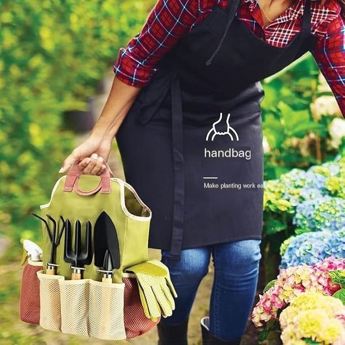 Garden Tool Set with Storage Tote Bag 8 Piece Hand Tools Kit with Pruning Shears and Gloves Green and Pink