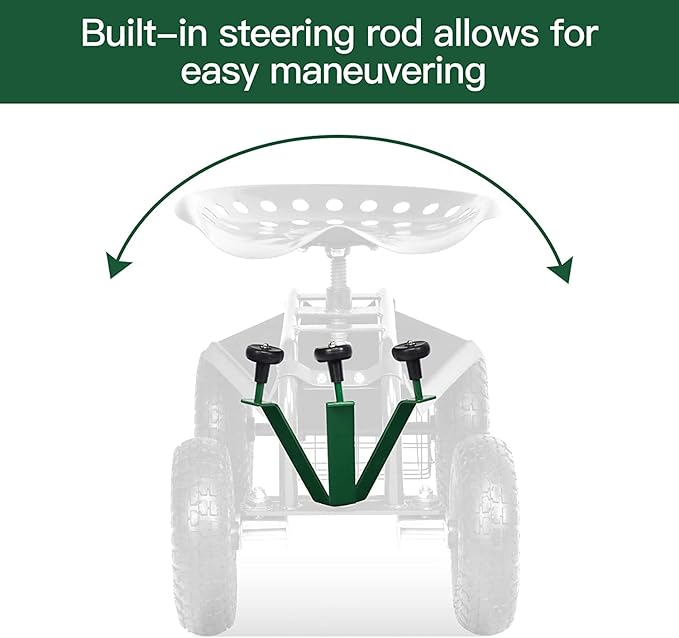 GRAFFY Garden Cart w/Wheels Mobile Rolling Work Seat w/Tool Tray and Basket Lawn Wagon Cart with Rotating and Adjustable Seat Patio Yard Stool Cart Green