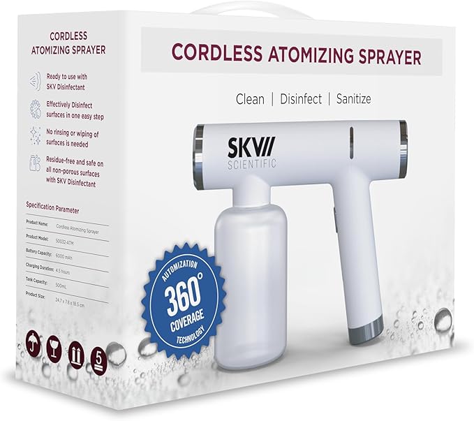 SKV Cordless Atomizing Sprayer 360-Degree Coverage Disinfection Sprayer for Household Sanitization Rechargeable 16 oz Tank