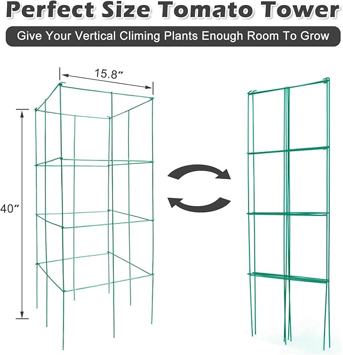 Barbella Tomato Cage 4 Pack Plant Support Cage Square Folding Tomato Cages Garden Plant Support Stake Tower with Clips and Ties Garden Trellis Plant Cage for Vertical Climbing Plants (Green)