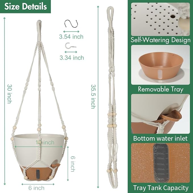 Self-Watering Hanging Planters for Indoor Plants Set 2-Piece Includes Plant Hanging Pot Drainage-Hole Hanging Pot and Hanging Basket Rack (10 Inches White)
