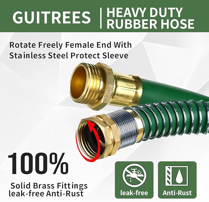 75FT 5/8 Heavy Duty Rubber Garden Hose - 300psi Working 1000psi Burst - Hot/Cold Water - Five-Layered Braiding for Durability - Versatile for Gardening Agriculture Construction(Green)