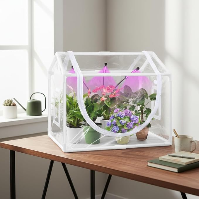 Indoor Mini Greenhouse with Grow Light Tabletop Small Greenhouse for Beginners All-in-One Tiny Plant Nursery Kit with Adjustable LED Light &amp Timer Smart Grow Tent for Herbs Gardening Gift