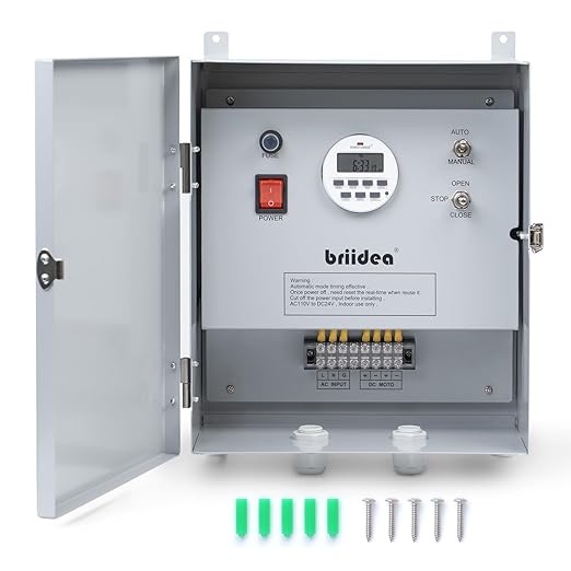 Briidea Greenhouse Roll Up Motor Timer Controller 7-Day Programmable AC110V to DC24V Transformer Auto/Manual Modes Dual Output for Side &amp Roof Curtain Film Roll-Up IP65 Waterproof