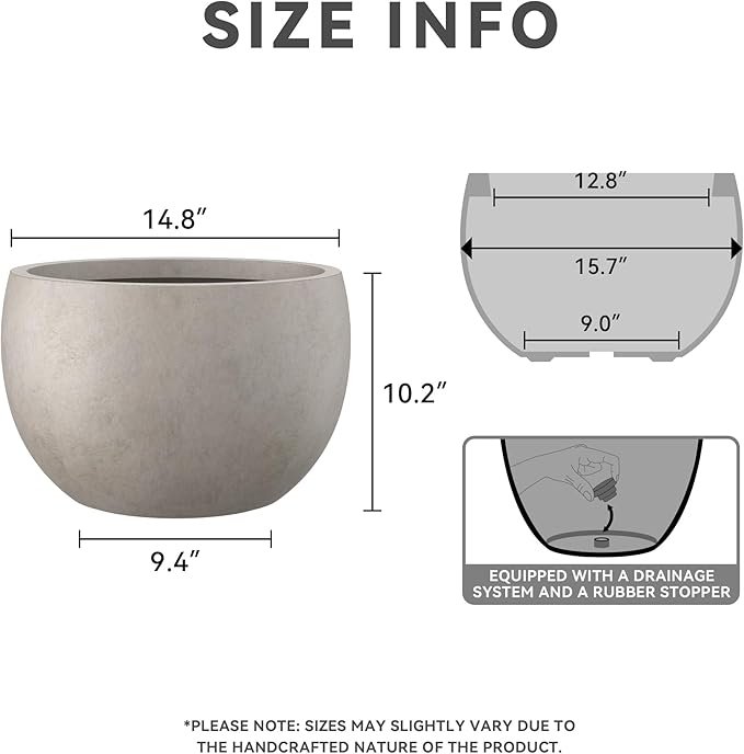 Kante 15.7 Dia Round Concrete Planter Outdoor/Indoor Large Bowl Plant Pots with Drainage Hole and Rubber Plug for Garden Patio Balcony Home Weathered Concrete