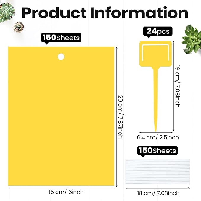 Qualirey 150 Pcs 6 x 8 Inch Sticky Traps for Gnats Dual Sided Fruit Fly Sticky Traps for Indoor and Outdoor Plant with Twist Ties and Plastic Holders for Flying Plant Insect Fungus Gnats (Yellow)
