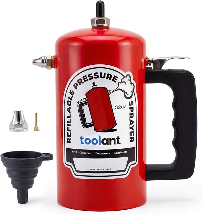 toolant 32oz Refillable Pressurized Sprayer Steel Canister Rust-Resistant Lining Needle Valve Leak-Resistant Dual Nozzles 1.0/0.6mm Funnel Included 200 PSI Max for Brake Cleaner &amp Solvents