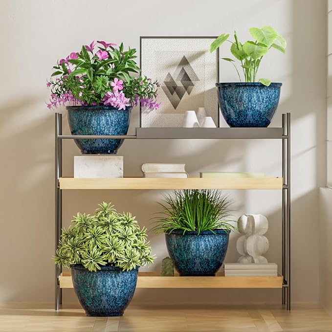 Plant Pots Set of 4 Plastic Planters with Drainage Hole 8 Inch Glaze Plastic Flower Pots for Plants Nursery Planting Pot Planter for Indoor Outdoor Home Decorative(Blue)