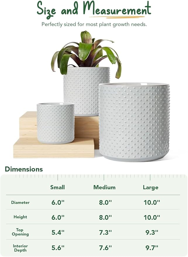LE TAUCI Ceramic Pots for Plants 10/8/6 Inch Indoor Planters with Draiange Hole Silicone Plug &amp Mesh Pad Modern Rasied-Dots Pots for Home Office Set of 3 Glossy Star Gray