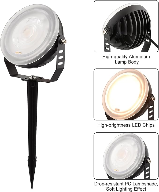 24W LED Edge-Lit Landscape Spotlight IP67 Waterproof 120V 3000K Thickened Aluminum 270° Adjustable Bracket for Yard Garden Tree Architectural Lighting