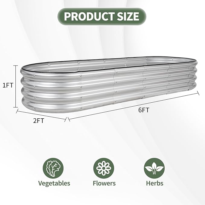 1MORE Galvanized Raised Garden Bed- Planter Garden Boxes Outdoor Raised Beds for Gardening 6x2x1ft Metal Garden Bed Kit for Vegetables Flower Planter Raised Beds with Protective Tape &amp Tools.Si
