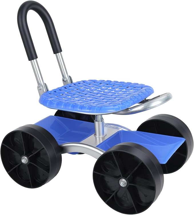 Gardening Stool Rolling Garden Seat 360 Degree Swivel Seat Utility Stool with Flat Wheels Adjustable Height Foldable Lazy Seat Stool Picking Rotary Tool Cart with Storage Shelf Blue