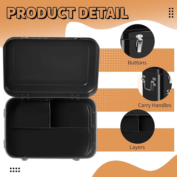 Blulu 85 Pcs Seed Storage Organizer 3 Compartment 30 Slot Metal Seed Saving Box with Lid and Lock with 1 Marker Pen 20 Plant Labels 30 Envelopes 30 Bottles Stickers for Garden Flower Plant(Black)