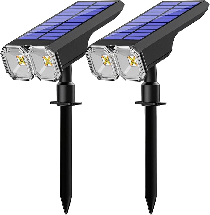 Outdoor Waterproof Solar Spotlights 2 Pcs for Garden Patio Pathway Garage Abs Material Adjustable 90° Head 8 RGB Light Options Solar and USB Charge
