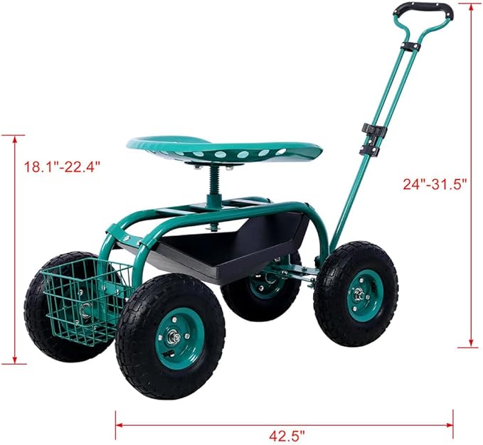 Garden Seat with Wheels Outdoor Garden Stool with Adjustable 360° Swivel Seat and Tool Tray Heavy Duty Rolling Garden Cart for Planting Gardening Scooter for Lawn Yard PatioGreen