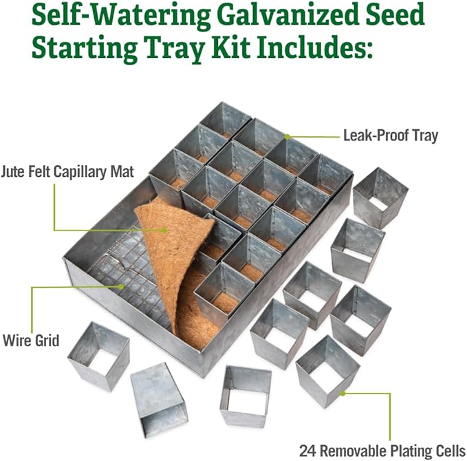 Gardener's Supply Company Self-Watering Galvanized Steel Seed Starting Tray 24 Cell | Leak-Proof Wire Grid with Moisture-Retaining Mat | Tapered Pots for Easy to Remove Seedlings