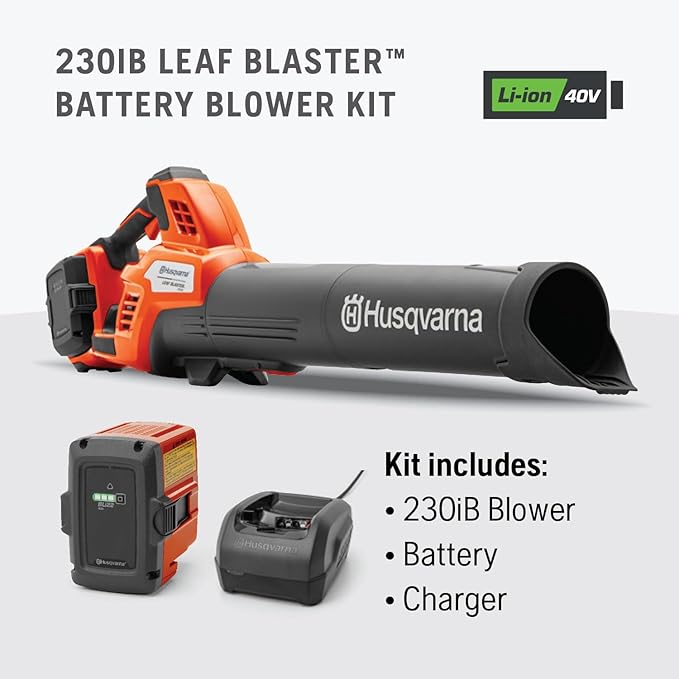 Husqvarna 230iB Battery Powered Cordless Leaf Blower 136-MPH 650-CFM Electric Leaf Blower with Brushless Motor and Quiet Operation 40V Lithium-Ion 4 Ah Battery and Charger Included 970480204