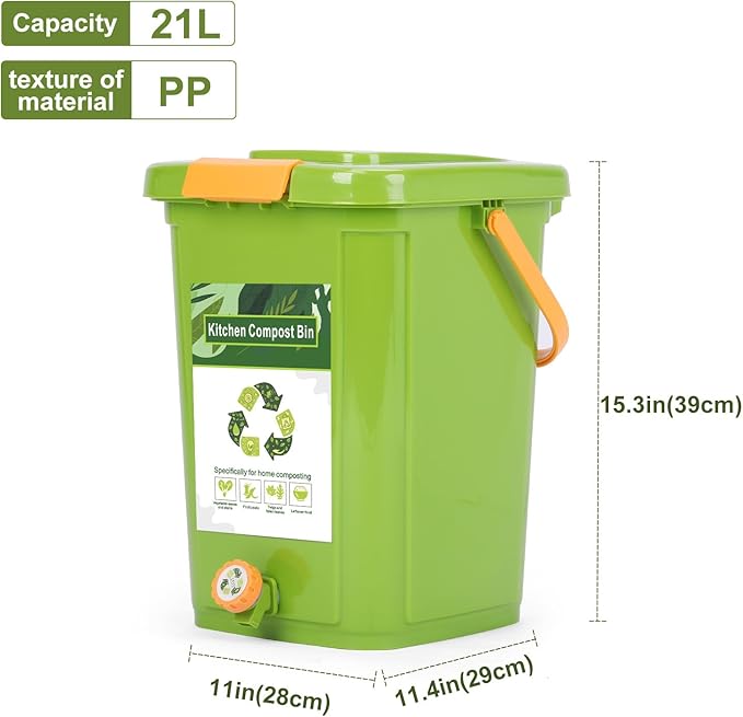Compost Bin Outdoor 21 L Garden Composting Bin Bags Breathable Screen Window Reusable Garden Yard Waste Bags Speed Up Composting &amp Reduce Odors Indoor Small Kitchen Compost Bin with Lid Green