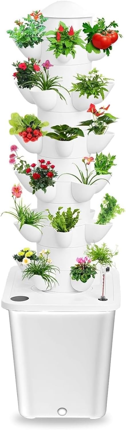Aeroponic Tower Garden System with 10L Tank 6 Tier 30 Hole Hydroponic Tower System Vertical Farming Tower Kit for Home Kitchen and Office(White)