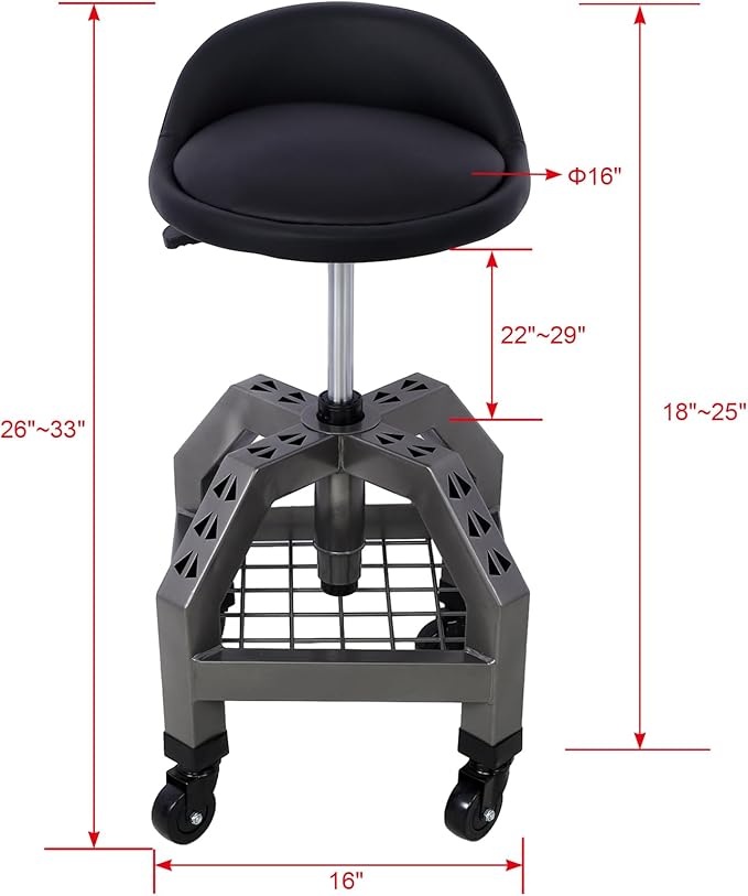 Pneumatic 360 Degree Swivel Stool Mechanics Rolling Shop Stool with Casters Tool Shelf Storage 300lbs Max Weight Capacity Heavy Duty Garage Seat for Shop Grey One Size