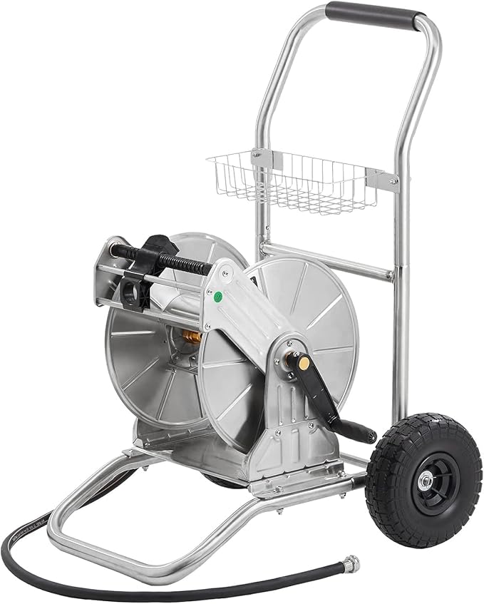 Giraffe Tools Garden Hose Reel Cart with Wheels Stainless Steel Heavy Duty Water Hose Reel Cart 200 ft of 1/2 Capacity Mobile for Outside