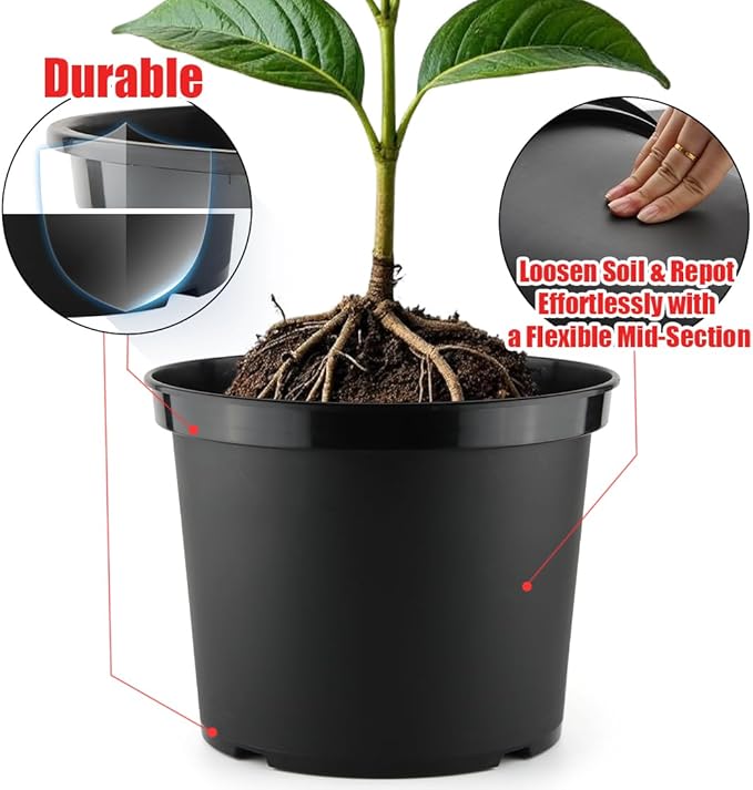 5 Gallon 12 Inch Plastic Nursery Pots Plant Containers with Drainage Holes Round Sturdy Garden Planters for Indoor/Outdoor Greenery Gardening Gifts for Women (5-Pack Black)
