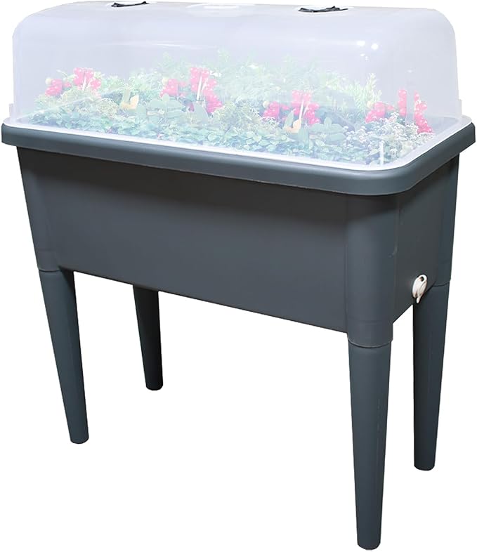 20.8 Gallon Vinyl Plant Box with Legs and Greenhouse Cover 30 x 25.6 x 15 Self Watering Raised Garden Bed with Drainage Plug  Grey