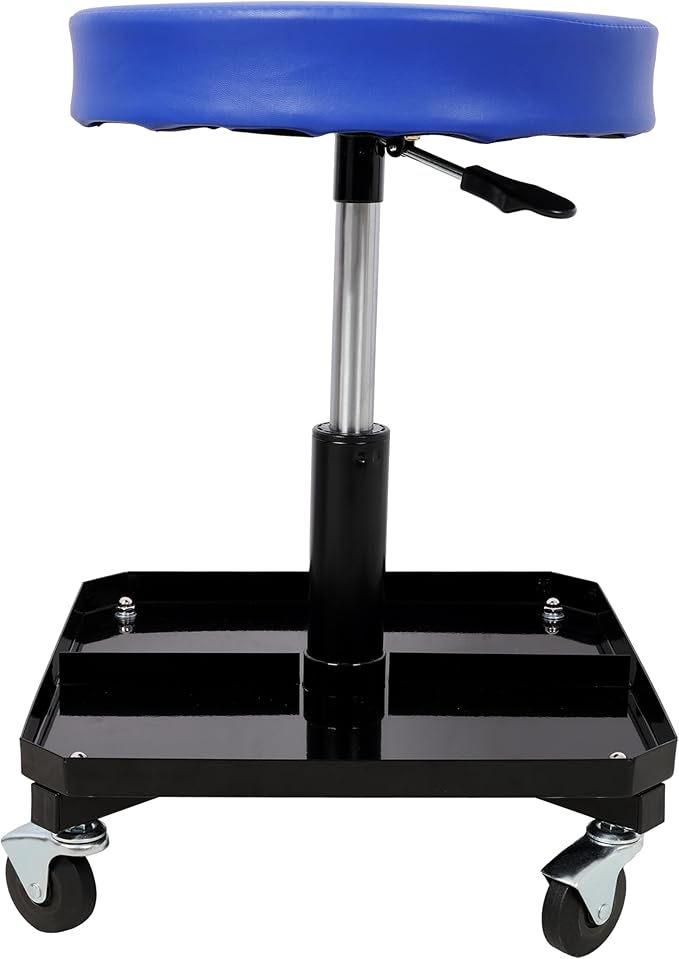 250 LBS Heavy-Duty Rolling Pneumatic Creeper Garage Stool - Adjustable Height (16.5-21) Durable Tool Tray Storage 360° Swivel Casters Ergonomic Cushioned Seat