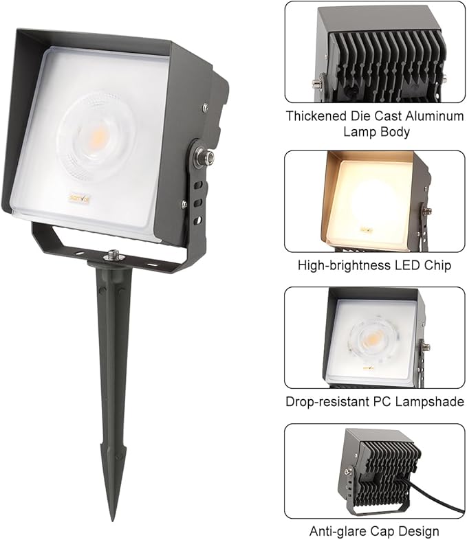 Led Landscape Outdoor Spot Light with Anti-Glare Cap - Heavy Duty Waterproof IP65 120V 270⁰ Adjustable Mount 3000K Thickened Aluminum Spotlight for BLDG Yard Garden Tree (24 Watts)