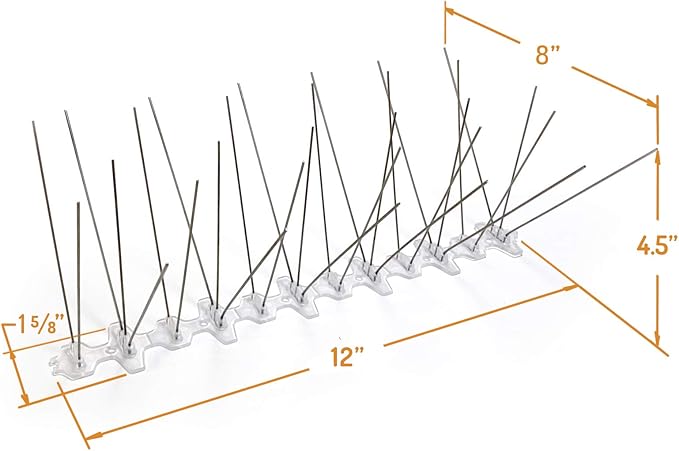 Bird Barrier Bird-Flite Stainless Steel Bird Spikes | Metal Pins Strips with Plastic Base Clear Glue Adhesive Included - Xtra Wide (8in) 10 Ft. Length