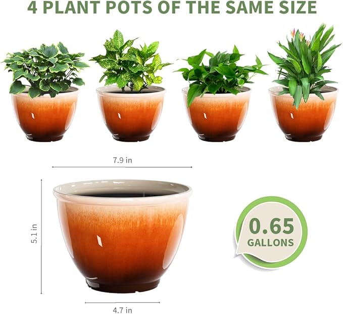 8 Inch Plant Pots with Drainage Hole 4 Pack Plastic Flower Pots Modern Sleek Decorative Planter for Indoor Outdoor Plants Succulent Snake (Orange)