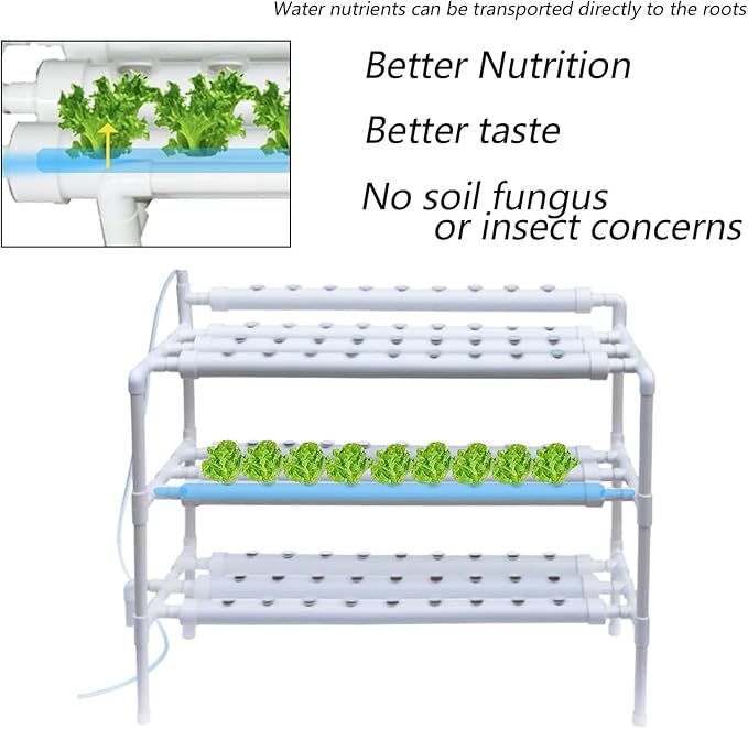 INTBUYING Hydroponics Growing System 90 Holes10 Pipes 3 Layers Plant Site Grow Kit Food-Grade PVC-U Pipes Hydroponic Gardending System with Water Pump Nest Basket and Sponge