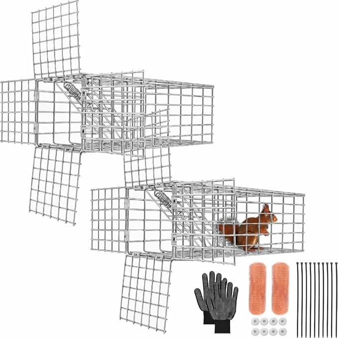 2Sets One Way Squirrel Door Excluders 3 × 3 × 9inch Animal Excluder Cage Humane Squirrels Chipmunks Contactless Excluder for Outdoor Spaces Like Attics Chimneys - Includes Full Installation Kit