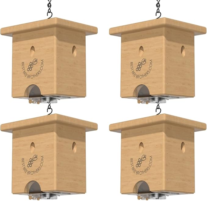 Best Bee Brothers Pine Turbo Trap Professional-Grade Carpenter Bee Trap for Outside with Bee Vault &amp Internal Turbo Funnel 6.3” W x 6” H x 5” D (4 Pack)