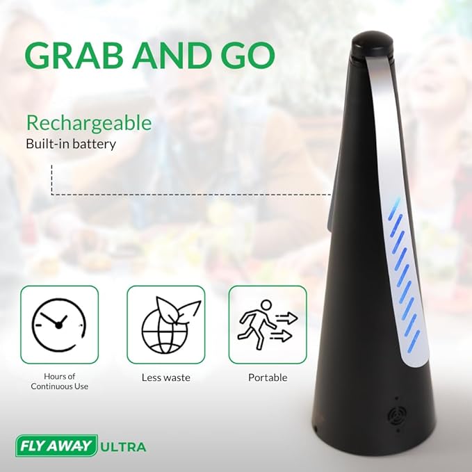 Fly Away Ultra - 2 Pack Rechargeable Outdoor Fly Fans for Tables with Ultrasound Outdoor or Indoor Tabletop use Restaurant Barbeque Events Deter Flies Wasps Bees Moscas and Bugs Hanging Hook.