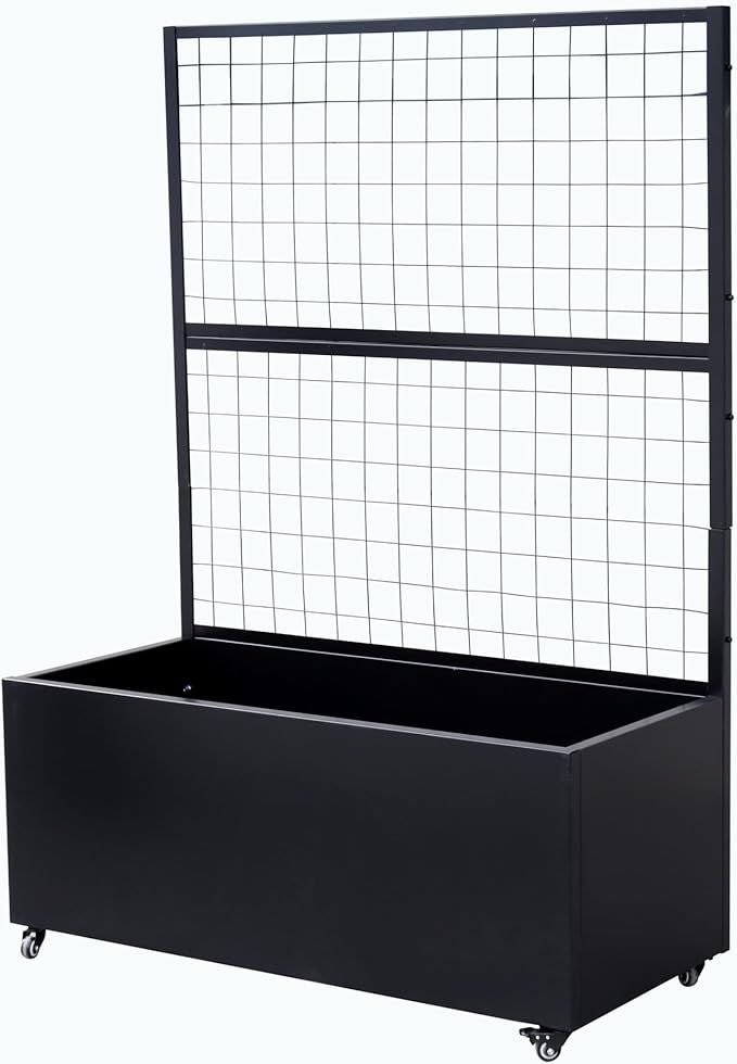 Metal Rolling Planter Box with Lattice Trellis – Modern COR-Ten Steel Trough on Casters | 66” x 46” x 21” (Black)