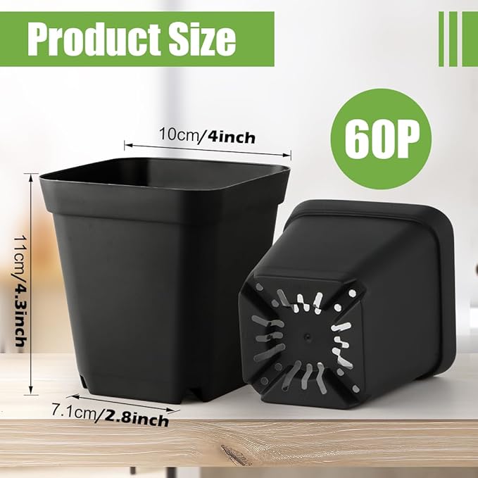 Square Nursery pots 4 Inches 60Pcs Seedling Plastic Seeds propogation Growing Pots (Black4Inches60Pcs)