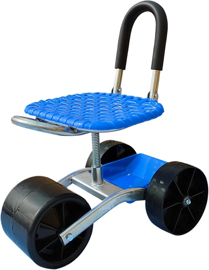NIDONE Garden Seat with Wheels 360° Swivel＆Adjustable Height Garden Stool with Wheels Heavy Duty Rolling Seat with Foldable Backrest and Storage Basket for Patio Yard Outdoor