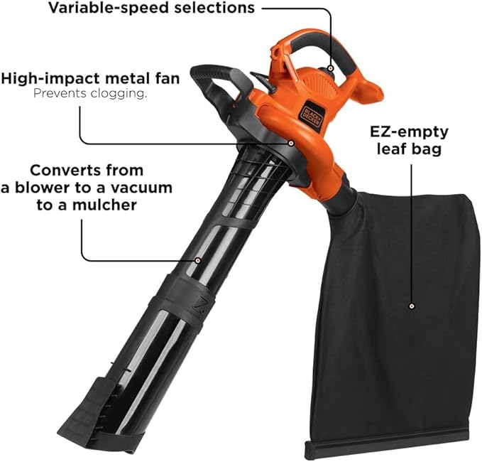 BLACK+DECKER 3-in-1 Electric Leaf Blower Leaf Vacuum/Mulcher Up to 250 MPH Premium Disposable System Corded 12-Amp Handheld Lightweight Corded Electric Combo (BV6600)