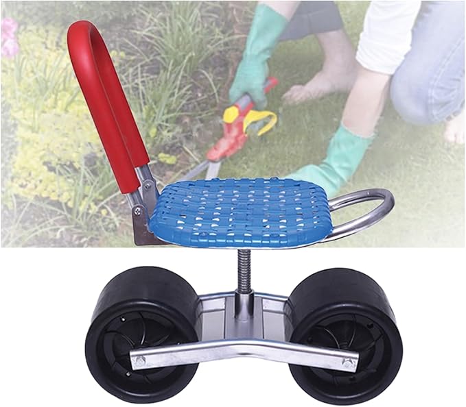 Garden Stool with Wheels Gardening Helper with Foldable Backrest Bearing 150kg Adjustable Height 22-36cmfor Orchards Farms(Blue2 Wheels)