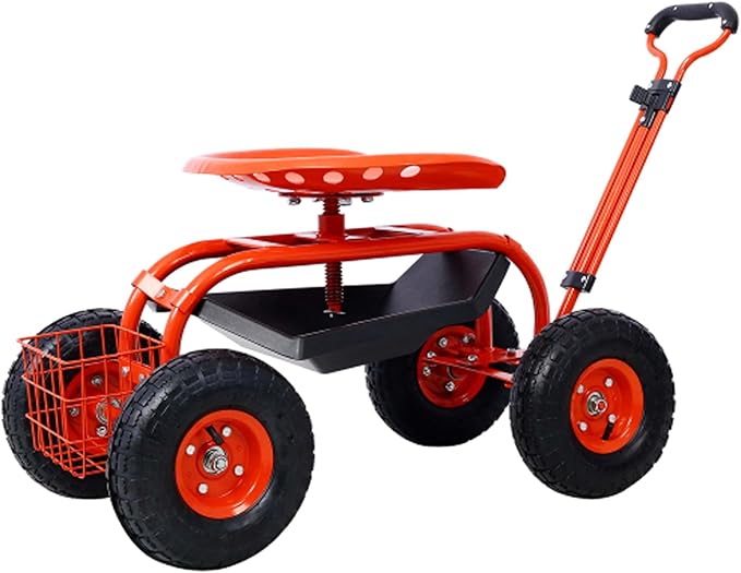 3-in-1 Garden Cart with Seat - Rolling Stool Adjustable Height Storage Tray &amp Utility Basket (Red)
