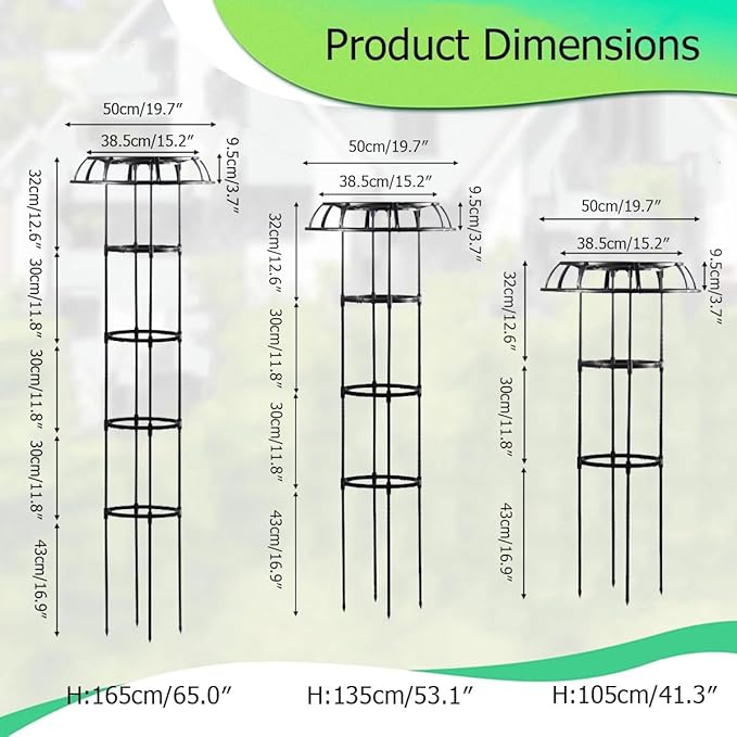 Black Metal Umbrella Garden Trellis 41.3″ 53.1″ 65.0″ Climbing Plant Support Trellise for Indoor Outdoor Flowers Vegetable Fruits Vines(105cm/41.3″)