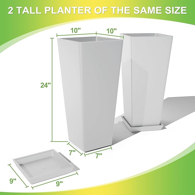 Set of 2 Tall Planters 24 Large Indoor Outdoor Flower Pots with Tray Modern Tapered Planters for Porch Patio Garden Backyard(White)
