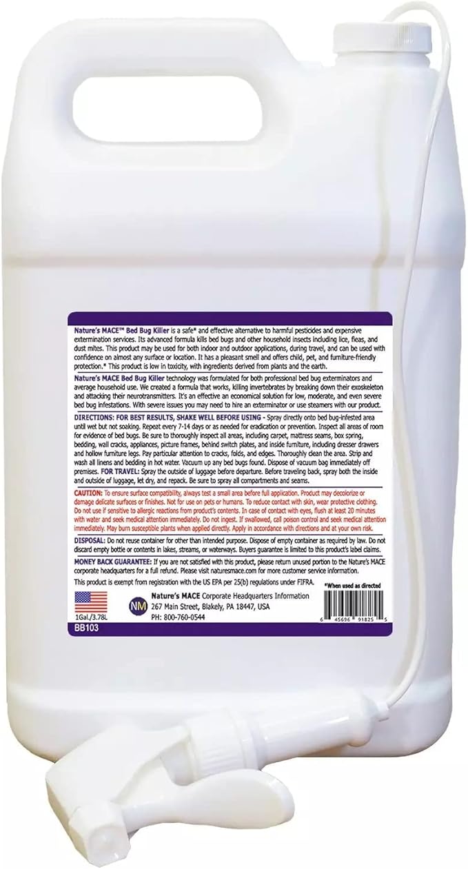 Nature’s MACE Bed Bug Killer 1 Gallon Kill BedBugs Treatment Mites Eggs Easy Do-It-Yourself Professional Bed Bug Spray at-Home Solution Mattress Non-Toxic Child &amp Pet Safe Stain &amp O